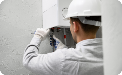 Handwerker mit Schutzhelm repariert eine Heizungsanlage an der Wand